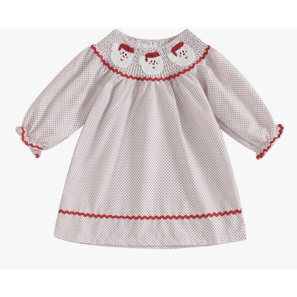 Baby Girl Christmas Santa Smocked Polka Dot Dress Red Ric-Rac Trim 18-24M - Picture 2 of 10